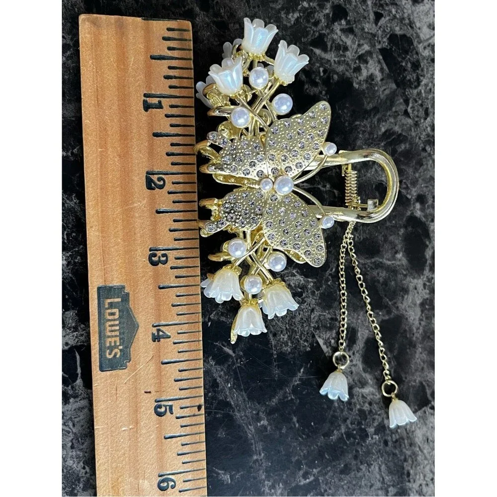 Gold Butterfly Pearl Floral Claw  Hair Clips Party Dangle Chain Accents Set of 2